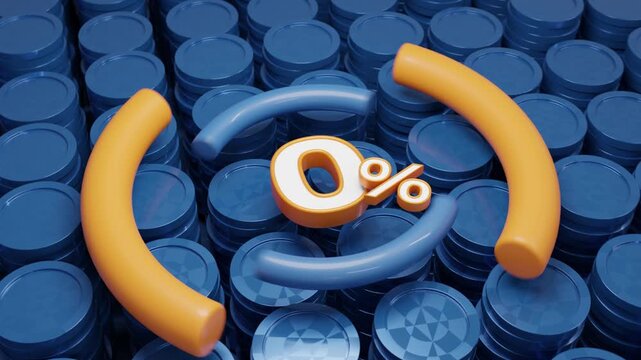 Stylish 3D abstract background with floating "0 Percent" typography at center surrounded by animated 3D geometric accents, creating elegant minimal composition on blue backdrop