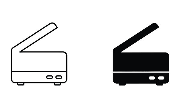 Professional Minimal Vector Icon Office document flatbed scanner device icon Editable Stroke, Outline and Solid Style, Black Monochrome, Isolated on White Background