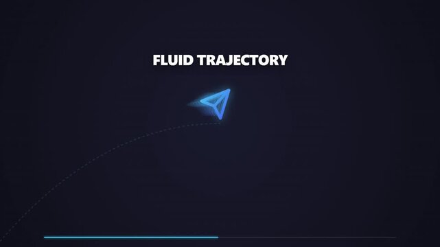 An isometric blue fluid trajectory digital art with white text
