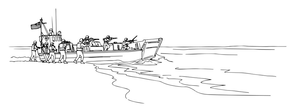 soldiers disembarking on beach from landing craft continuous line drawing style