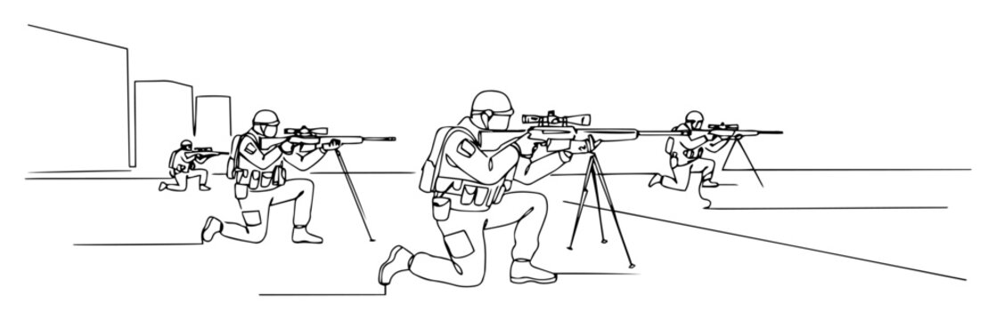 snipers aiming from urban position delicate linear artwork featuring smooth uninterrupted strokes in monochrome palette