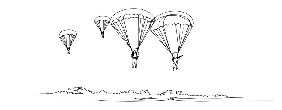 paratroopers descending onto terrain delicate linear artwork featuring smooth uninterrupted strokes in monochrome palette