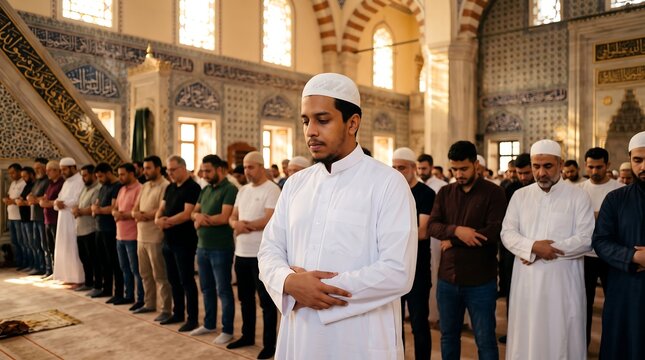 Muslim men praying together in a traditional mosque