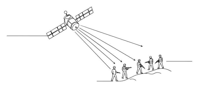 satellite scanning human movement on terrain elegant continuous line art created with refined minimalist vector techniques