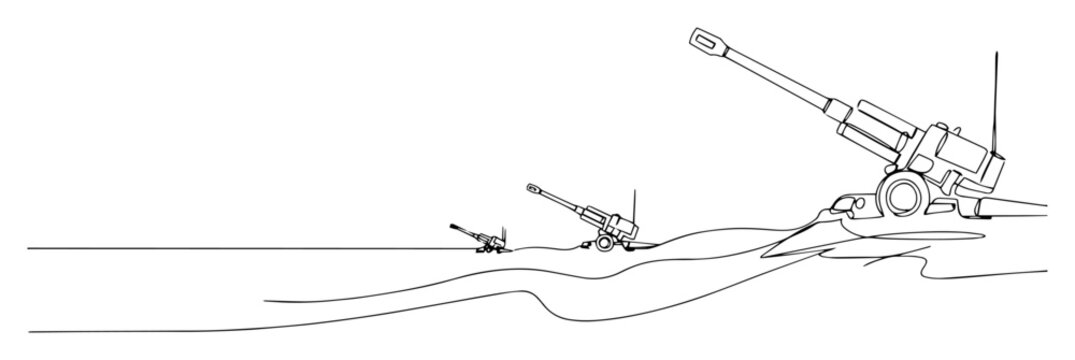 artillery positioned on battlefield ridge vector monoline shape outline