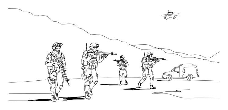 soldiers advancing with drone support vector monoline shape outline