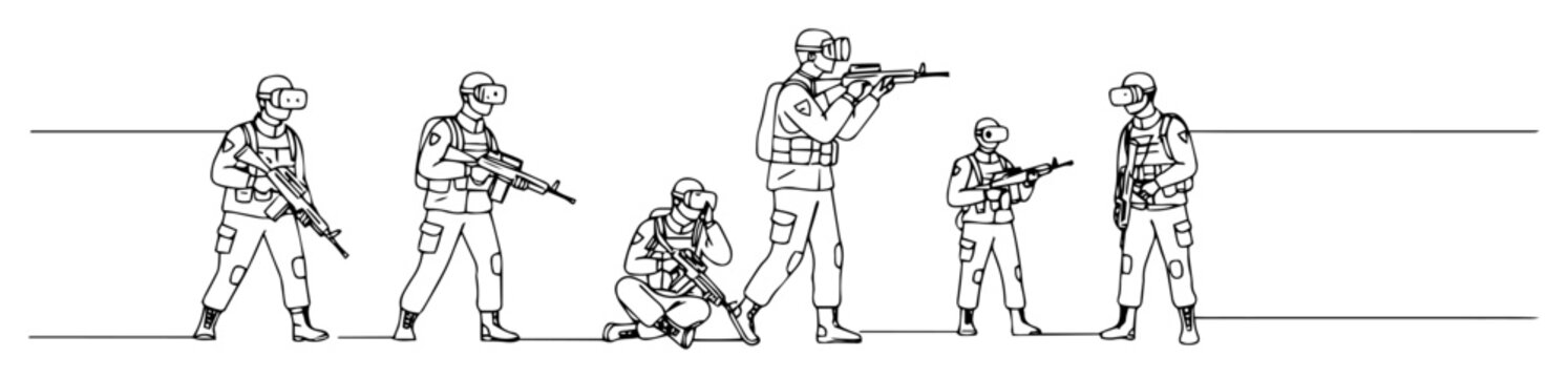 troops in various combat positions monoline vector outline