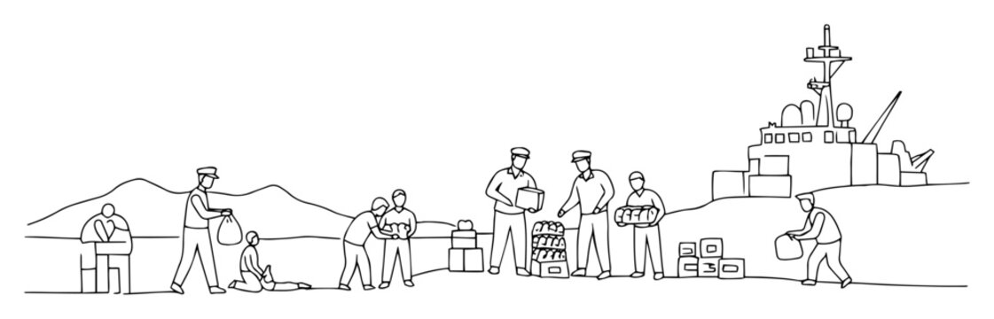 logistics team unloading cargo at naval base monoline vector outline