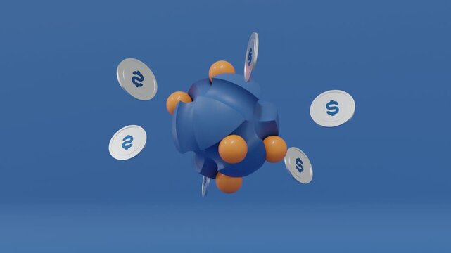 3D Folder Icon with Blue Ribbed Sphere and Bitcoin Coins on Blue Background, Cryptocurrency Storage, Digital Finance, Blockchain Concept Animation