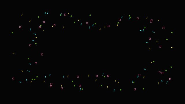 Colorful music notes forming pentagram frame on black background