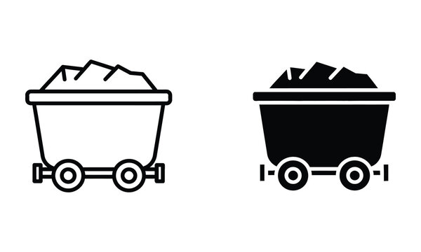 Professional Minimal Vector Icon Mining cart icon for industrial and construction themes Editable Stroke, Outline and Solid Style, Black Monochrome, Isolated on White Background