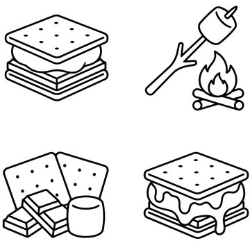 S&rsquo;mores camping icon set collection with marshmallow roasting stick campfire and dessert sandwich outline vector isolated on transparent background