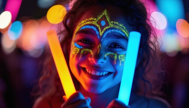 Young girl smiles with glow in dark neon face paint at music festival. Child enjoys night event holding bright fluorescent sticks. Happy kid wears luminous pattern on cheeks during party celebration.