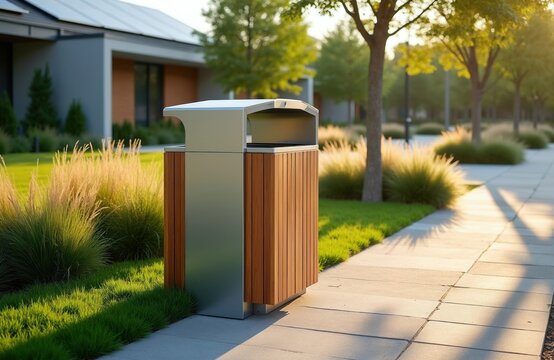 Modern metal, wood rubbish bin stands on concrete sidewalk near green garden park. Outdoor waste container sits on urban street path during sunny day. Exterior furniture item for recycling rubbish in