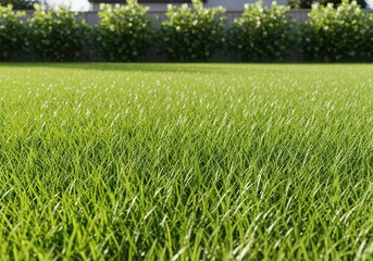 Obraz premium A perfectly manicured green lawn stretches across a suburban backyard under bright sunlight, showcasing lush blades of grass and texture, mowing, botany, lush