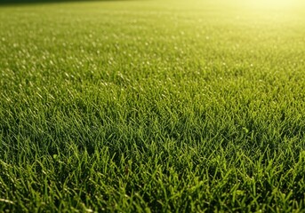 Fototapeta premium Lush green lawn grassplot stretches across a garden, featuring freshly mowed textures and vibrant emerald blades under bright warm sunlight, verdant, emerald, landscape