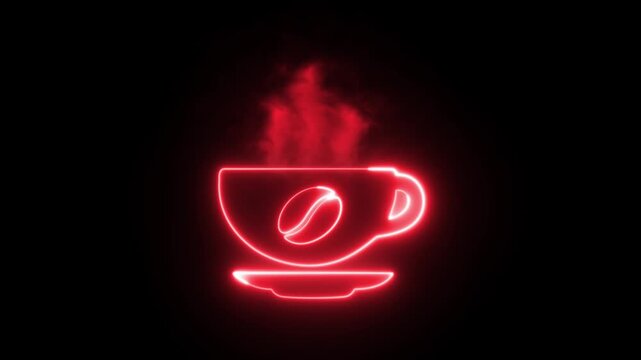Red Neon Coffee Cup with Glowing Coffee Bean and Steam Animation on Black Background
