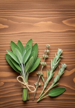 Fresh green sage leaves with textured surfaces arranged on a rustic wooden background with a bundle tied with twine and dried sprigs, top view, still life, herbal