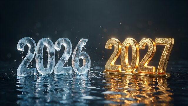 Shiny golden numbers representing the year twenty twenty seven stand beside melting ice sculptures of twenty twenty six against a dark moody water reflection background