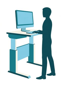 A person stands at a desk workstation using a computer. The setup focuses on ergonomics to promote posture and reduce MSK injuries.