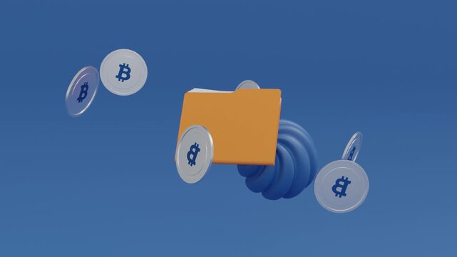 3D Folder Icon with Blue Ribbed Sphere and Bitcoin Coins on Blue Background, Cryptocurrency Storage, Digital Finance, Blockchain Concept Animation
