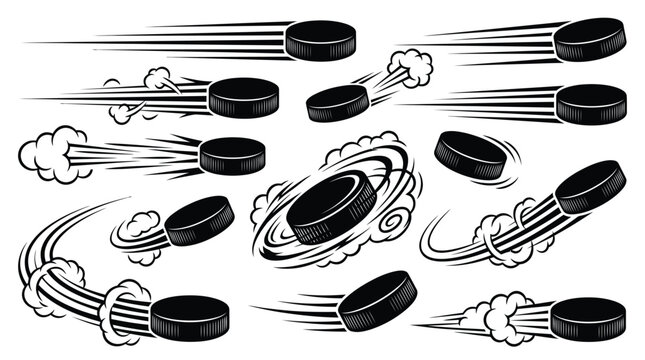 Black and white vector illustration of fast moving hockey pucks with dynamic motion speed lines