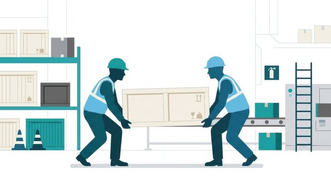 Two workers in safety gear lift a large box in a warehouse. The scene highlights teamwork in lifting to foster safe work practices.