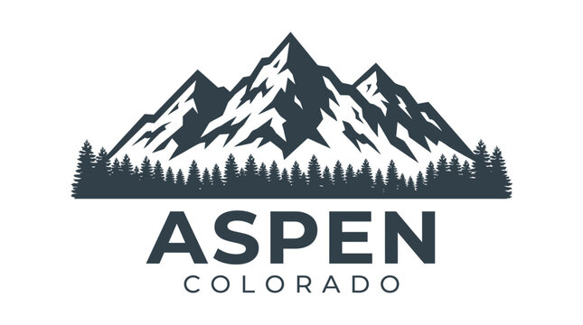 Minimalist vector illustration featuring jagged mountain peaks and pine trees with bold Aspen Colorado text