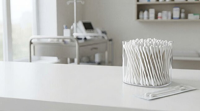 Glass jar filled with white cotton swabs on medical counter. Sterile clinical supplies in hospital or clinic. Hygiene and healthcare concept