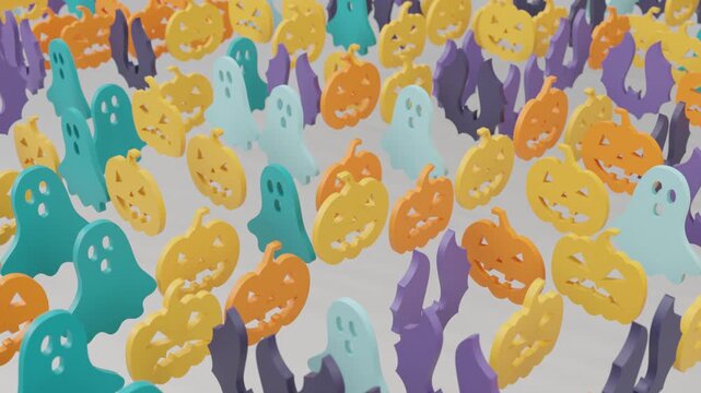 Abstract 3d background featuring flat Halloween icons like pumpkins, bats, and ghosts arranged on surface, moving in dynamic concentric waves across light mysterious scene