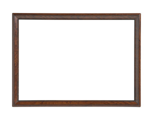 Vintage rectangular panoramic wooden picture frame isolated on transparent background (png). Antique dark brown wood landscape poster frame template mockup with realistic grain and cutout center.