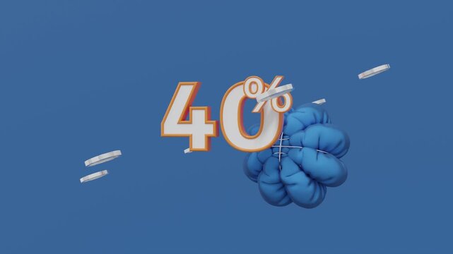 3D Forty Percent Discount Icon with Orange Edges, Gold Coins and Abstract Geometric Elements on Blue Background, Modern Finance Sale Concept Animation