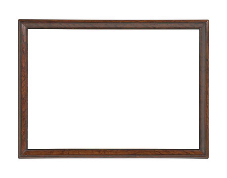 Vintage rectangular panoramic wooden picture frame isolated on transparent background (png). Antique dark brown wood landscape poster frame template mockup with realistic grain and cutout center.