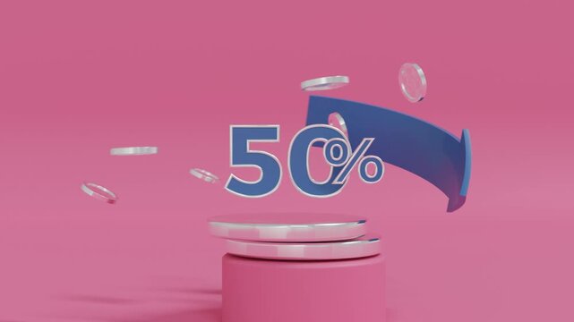 Abstract 3D Business Banking Background with Blue Arrow and Silver Coins Rotating Around 35 Percent Symbol Above Pink Surface and Podium Economic Growth Investment and Business Concept Render