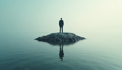 Obraz premium Man in suit stands on tiny island in calm ocean water. Lone figure reflects on water surface. Foggy background suggests isolation and solitude. Minimalist composition evokes deep thought.