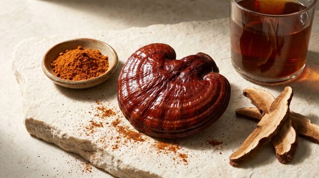 Ganoderma mushroom with turmeric powder, ginger root, herbal tea preparation
