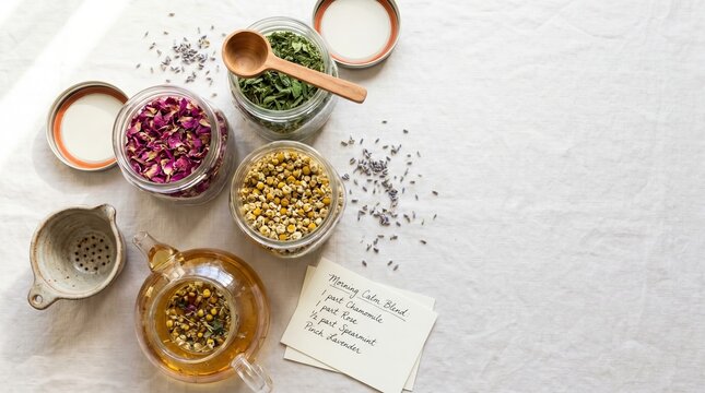 Herbal tea ingredients arranged with recipe notes on white surface