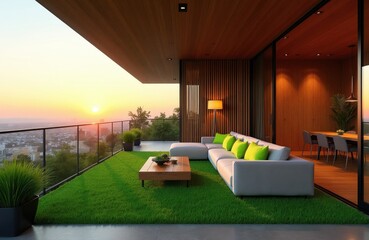 Obraz premium Modern balcony terrace with artificial grass floor, wooden ceiling. Large lounge sofa with green pillows sits outside overlooking city sunset. Luxury apartment living room interior connects to