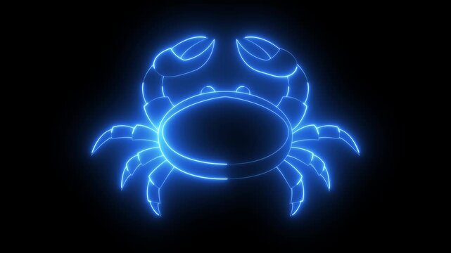 Glowing neon Crab icon isolated on black background. showcasing Crab claws and segmented legs, perfect for nautical themes and seafood branding. 4k video animation.