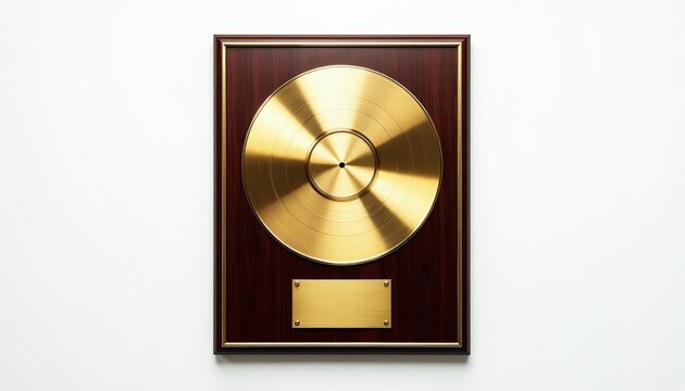 Golden music award plaque with shiny disc on wood frame. This symbol represents success, achievement, and recognition in the music industry. Ideal for celebrating artists.