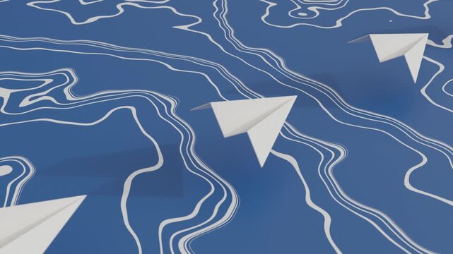 Paper Airplanes Flying in Line over Abstract Blue Background with White Wavy Lines, Minimal Paper Plane Formation, Seamless Loop Motion Graphics Animation