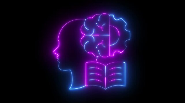 glowing neon human head with brain gear and open book icon isolated on black background, representing Practical Knowledge, Practical Study. 4k video animation.