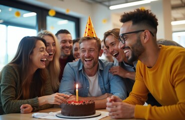 Fototapeta premium People laugh at surprise office birthday party. Friends celebrate colleague with cake and candle. Young diverse team enjoys cheerful celebration event.