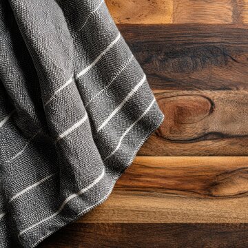 Stunning photo of A grey and white striped fabric draped over a wooden table. Home decor backdrop.