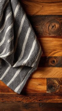 Stunning photo of A grey and white striped fabric rests on a rustic wooden table. Textural design.