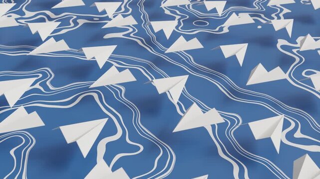 Paper Airplanes Flying Toward Each Other over Abstract Blue Background with White Wavy Lines, Minimal Opposite Flight Formation, Seamless Loop Motion Graphics