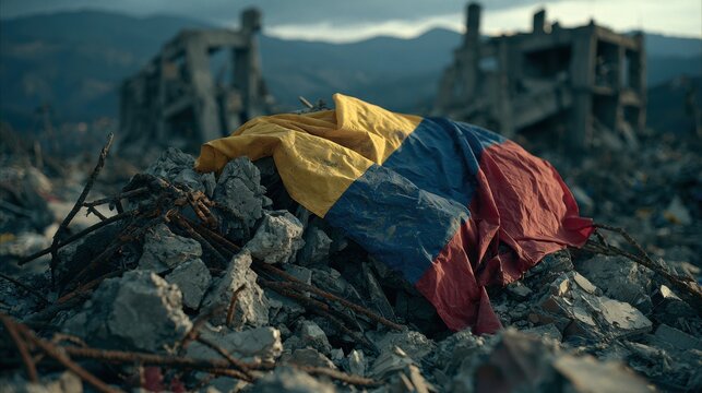 Stunning photo of A flag lies on rubble in a war zone. Symbolic image of conflict and humanitarian.
