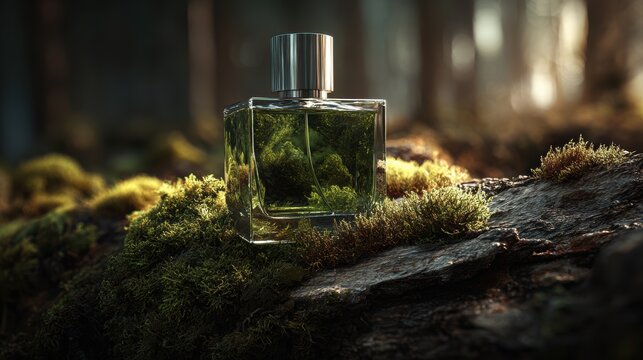 Stunning photo of A glass perfume bottle rests on a mossy forest floor. Perfect for organic.