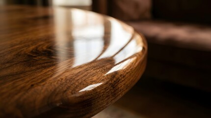 Obraz premium Glossy dark wood table surface with elegant reflections. Close-up of polished wooden furniture texture and rich grain.