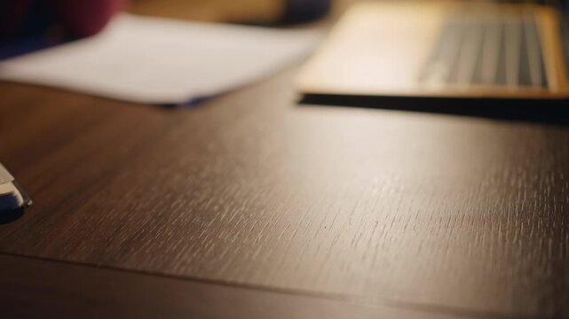 Closeup hand placing smartphone wooden desk by laptop evening home office work